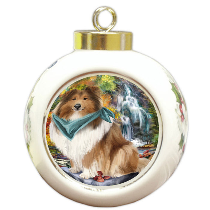 Scenic Waterfall Rough Collie Dog Round Ball Christmas Ornament RBPOR54805