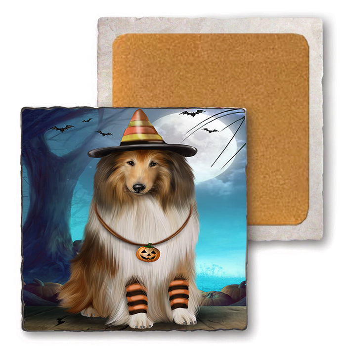 Happy Halloween Trick or Treat Rough Collie Dog Set of 4 Natural Stone Marble Tile Coasters MCST49521