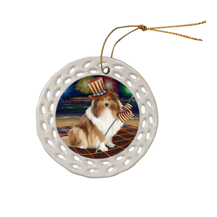 4th of July Independence Day Firework Rough Collie Dog Ceramic Doily Ornament DPOR57244