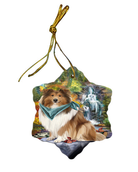 Scenic Waterfall Rough Collie Dog Star Porcelain Ornament SPOR54796