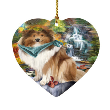 Scenic Waterfall Rough Collie Dog Heart Christmas Ornament HPOR54805