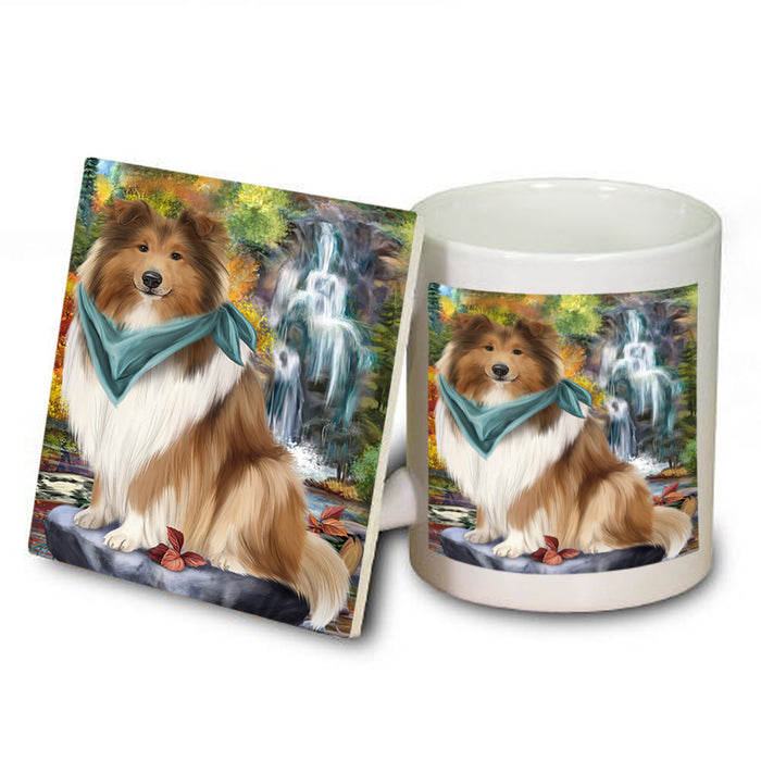 Scenic Waterfall Rough Collie Dog Mug and Coaster Set MUC54669