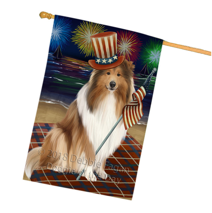 4th of July Independence Day Firework Rough Collie Dog House Flag FLG57648