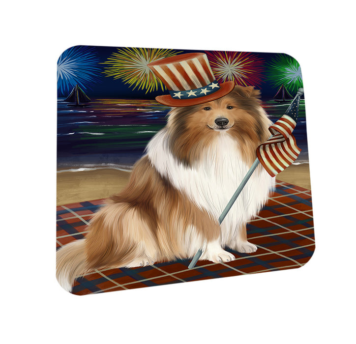4th of July Independence Day Firework Rough Collie Dog Coasters Set of 4 CST56801