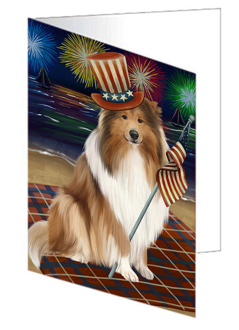 4th of July Independence Day Firework Rough Collie Dog Handmade Artwork Assorted Pets Greeting Cards and Note Cards with Envelopes for All Occasions and Holiday Seasons GCD76043