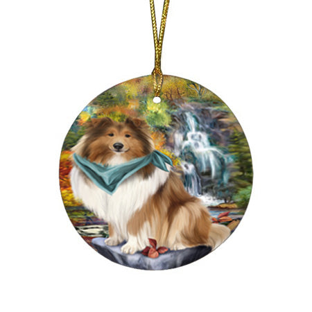 Scenic Waterfall Rough Collie Dog Round Flat Christmas Ornament RFPOR54796