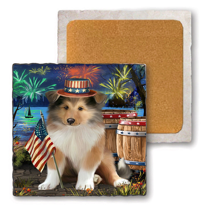 4th of July Independence Day Firework Rough Collie Dog Set of 4 Natural Stone Marble Tile Coasters MCST49063
