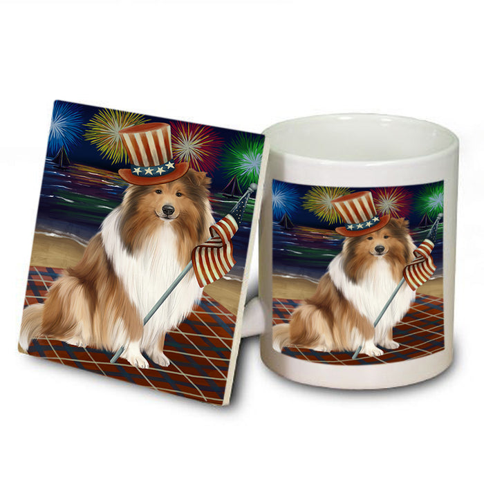 4th of July Independence Day Firework Rough Collie Dog Mug and Coaster Set MUC56835
