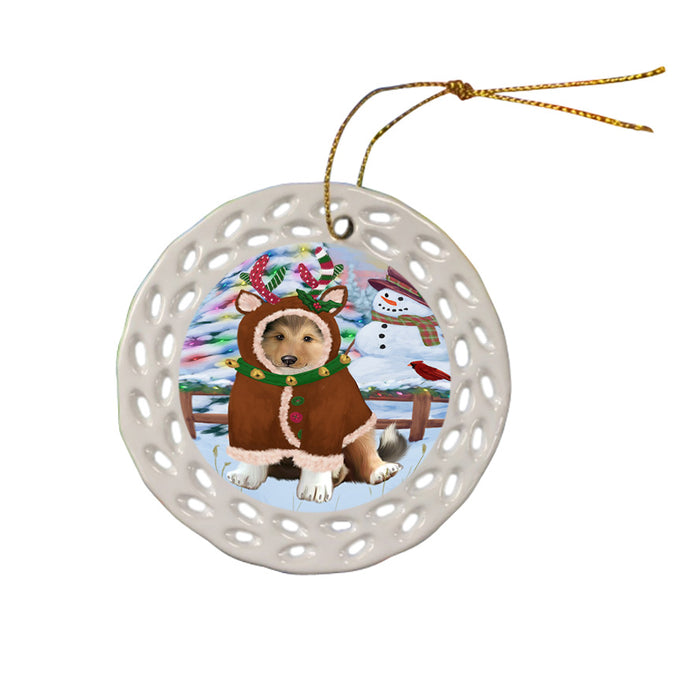 Christmas Gingerbread House Candyfest Rough Collie Dog Ceramic Doily Ornament DPOR56873