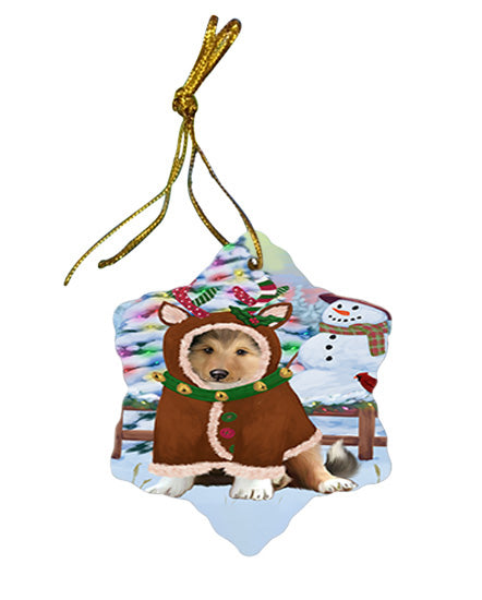 Christmas Gingerbread House Candyfest Rough Collie Dog Star Porcelain Ornament SPOR56873
