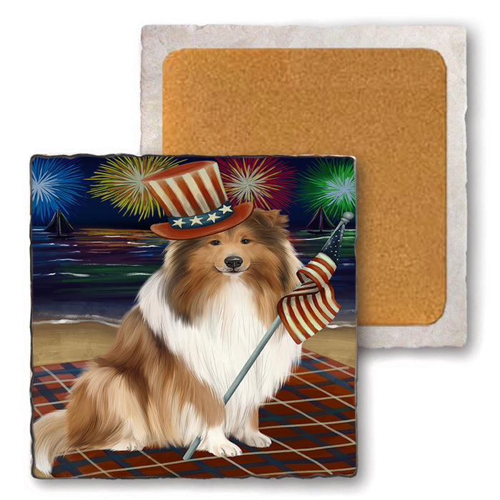 4th of July Independence Day Firework Rough Collie Dog Set of 4 Natural Stone Marble Tile Coasters MCST51843