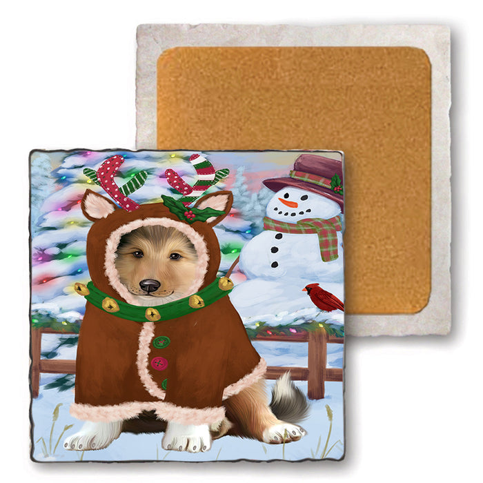 Christmas Gingerbread House Candyfest Rough Collie Dog Set of 4 Natural Stone Marble Tile Coasters MCST51517