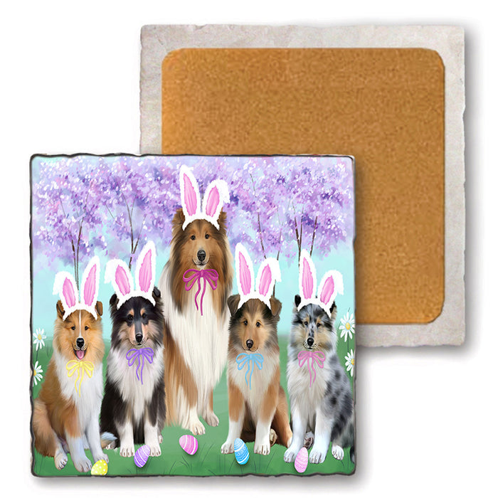Easter Holiday Rough Collies Dog Set of 4 Natural Stone Marble Tile Coasters MCST51925