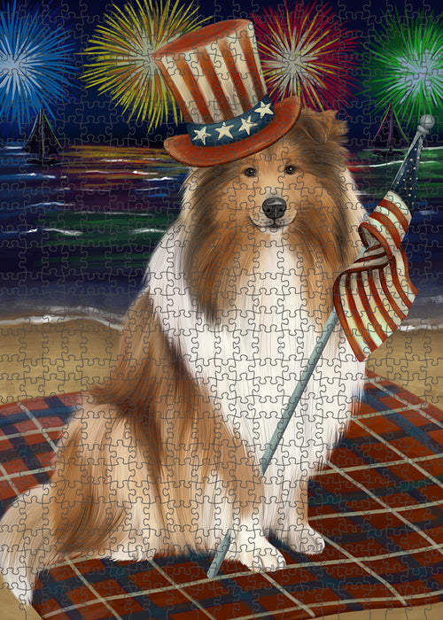 4th of July Independence Day Firework Rough Collie Dog Puzzle with Photo Tin PUZL96084