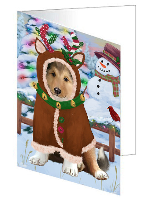 Christmas Gingerbread House Candyfest Rough Collie Dog Handmade Artwork Assorted Pets Greeting Cards and Note Cards with Envelopes for All Occasions and Holiday Seasons GCD74066