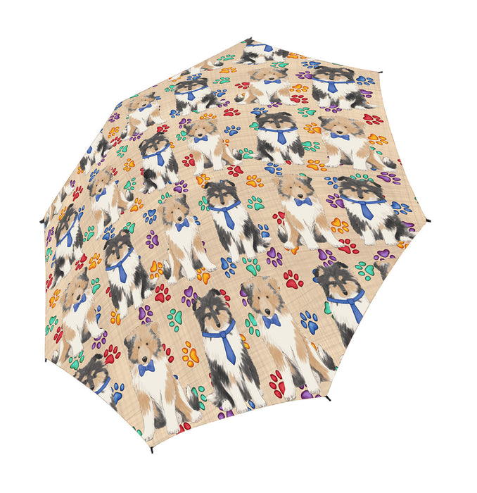 Rainbow Paw Print Rough Collie Dogs Red Semi-Automatic Foldable Umbrella