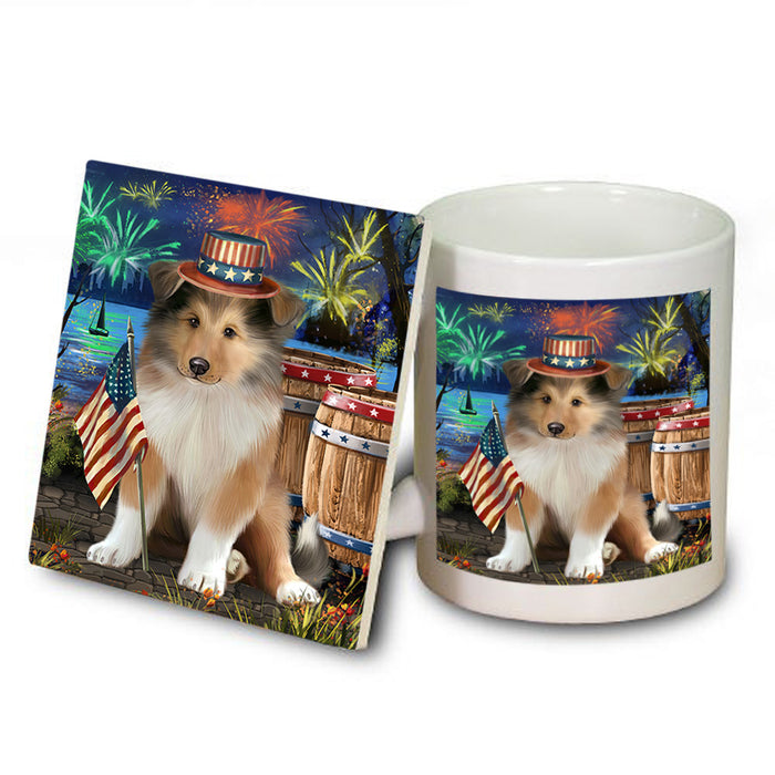 4th of July Independence Day Firework Rough Collie Dog Mug and Coaster Set MUC54055