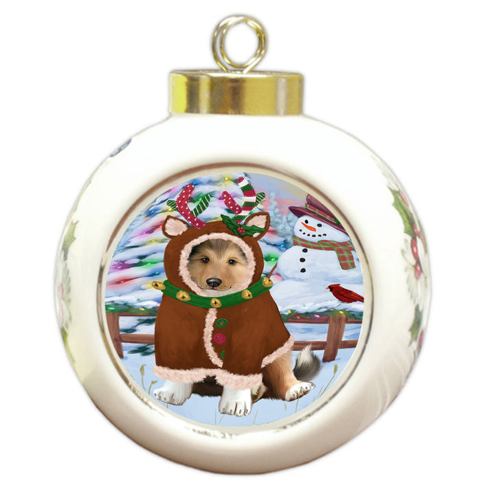 Christmas Gingerbread House Candyfest Rough Collie Dog Round Ball Christmas Ornament RBPOR56873