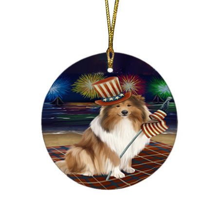 4th of July Independence Day Firework Rough Collie Dog Round Flat Christmas Ornament RFPOR57244