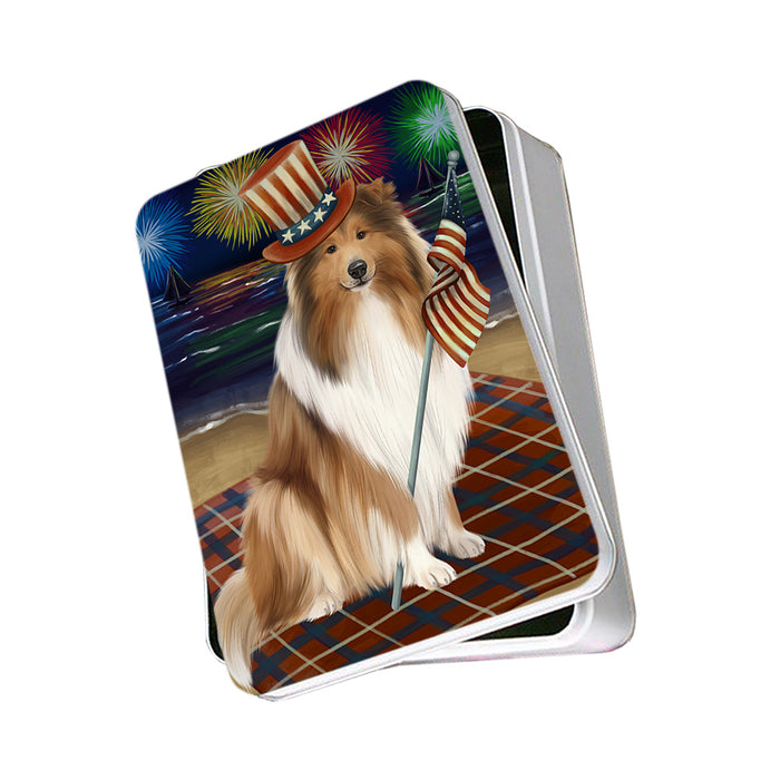 4th of July Independence Day Firework Rough Collie Dog Photo Storage Tin PITN56786