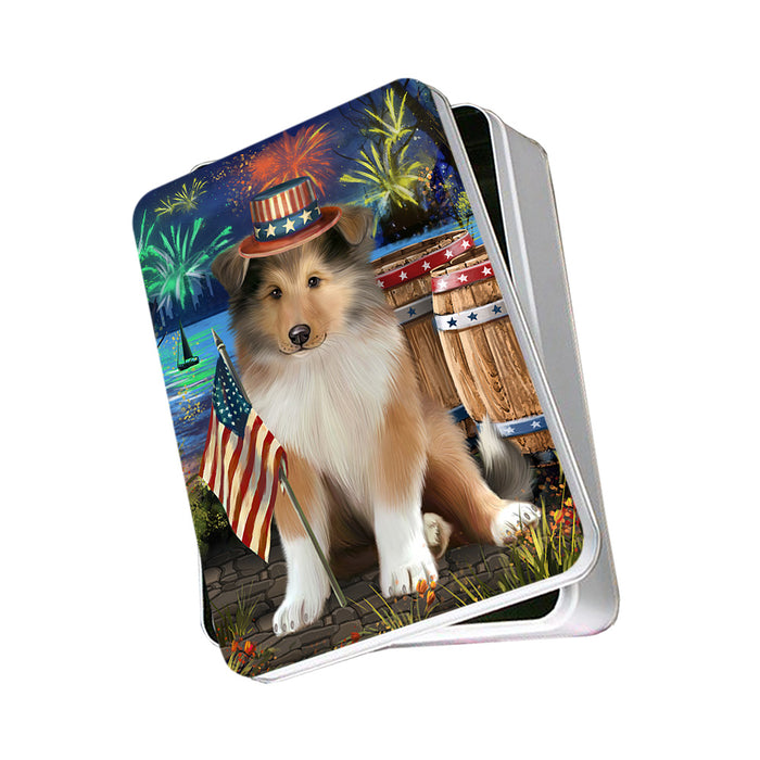 4th of July Independence Day Firework Rough Collie Dog Photo Storage Tin PITN54006