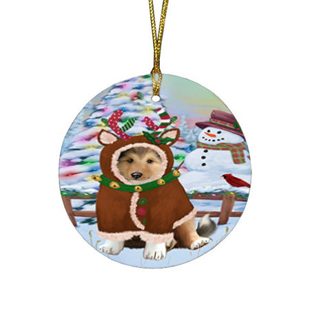 Christmas Gingerbread House Candyfest Rough Collie Dog Round Flat Christmas Ornament RFPOR56873