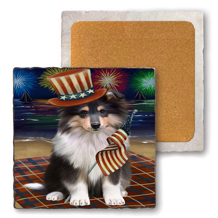 4th of July Independence Day Firework Rough Collie Dog Set of 4 Natural Stone Marble Tile Coasters MCST51844