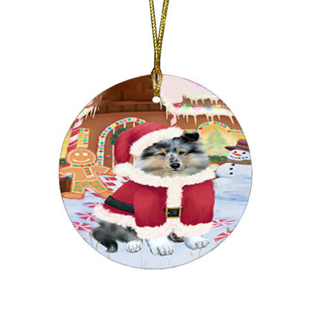 Christmas Gingerbread House Candyfest Rough Collie Dog Round Flat Christmas Ornament RFPOR56874