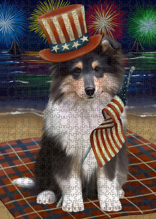 4th of July Independence Day Firework Rough Collie Dog Puzzle with Photo Tin PUZL96088
