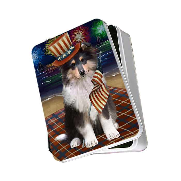 4th of July Independence Day Firework Rough Collie Dog Photo Storage Tin PITN56787
