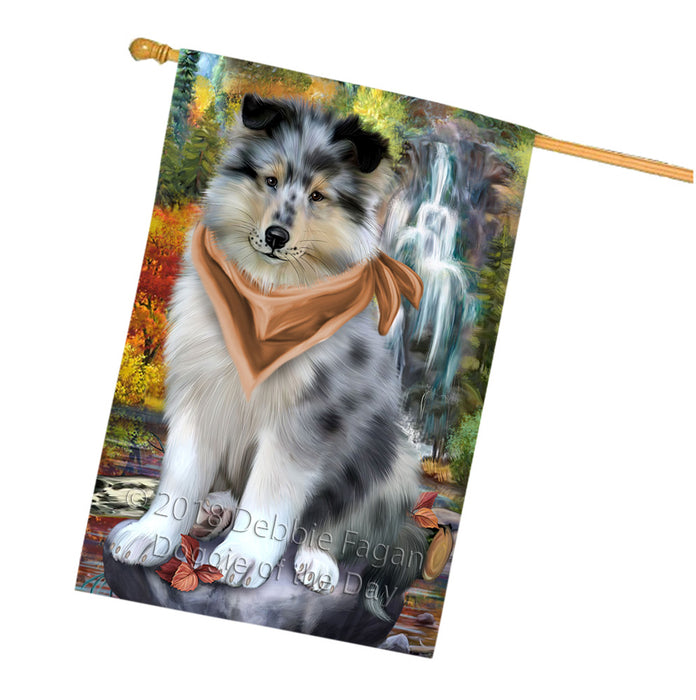 Scenic Waterfall Rough Collie Dog House Flag FLG55004