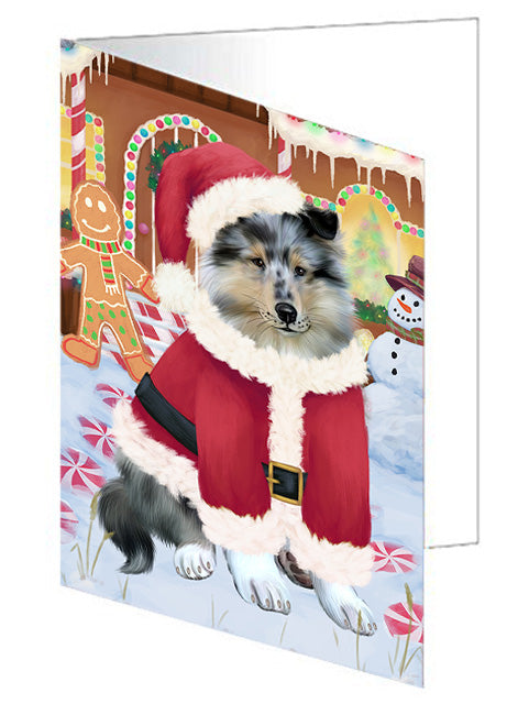 Christmas Gingerbread House Candyfest Rough Collie Dog Handmade Artwork Assorted Pets Greeting Cards and Note Cards with Envelopes for All Occasions and Holiday Seasons GCD74069