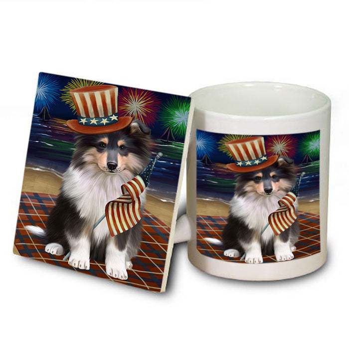 4th of July Independence Day Firework Rough Collie Dog Mug and Coaster Set MUC56836