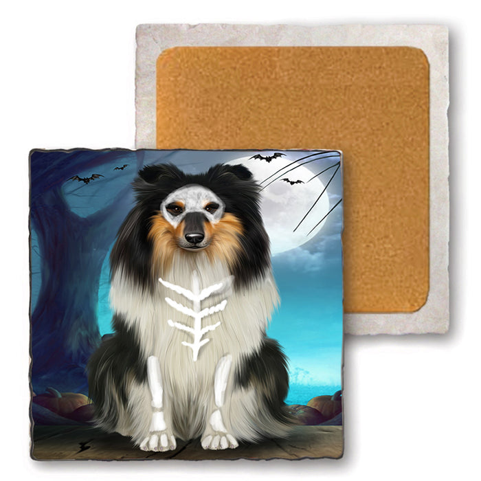 Happy Halloween Trick or Treat Rough Collie Dog Set of 4 Natural Stone Marble Tile Coasters MCST49522