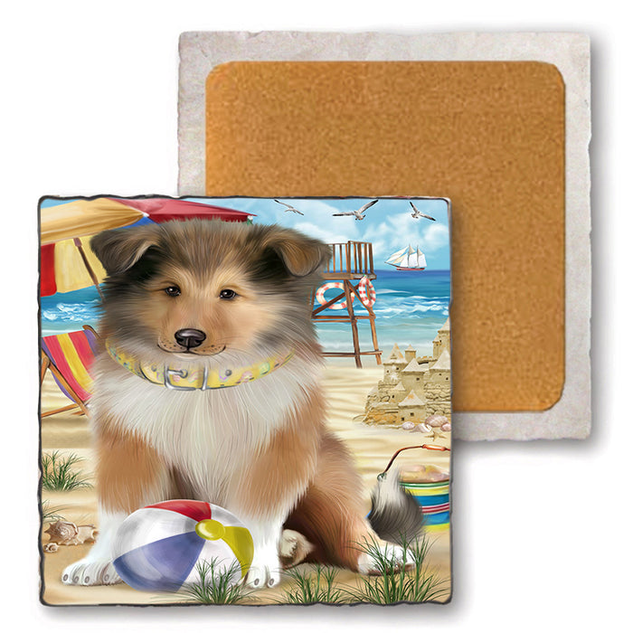 Pet Friendly Beach Rough Collie Dog Set of 4 Natural Stone Marble Tile Coasters MCST49181