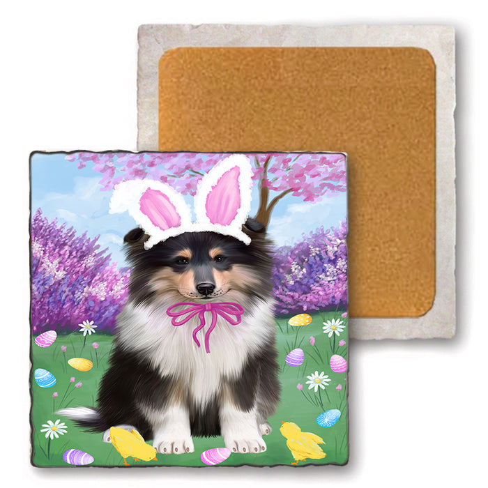 Easter Holiday Rough Collie Dog Set of 4 Natural Stone Marble Tile Coasters MCST51926