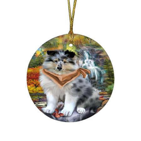 Scenic Waterfall Rough Collie Dog Round Flat Christmas Ornament RFPOR54797