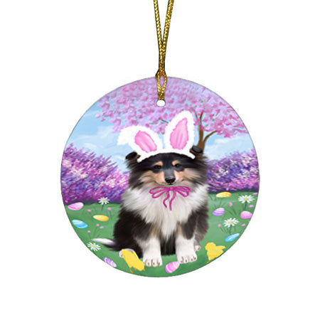 Easter Holiday Rough Collie Dog Round Flat Christmas Ornament RFPOR57327