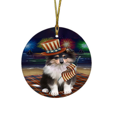 4th of July Independence Day Firework Rough Collie Dog Round Flat Christmas Ornament RFPOR57245