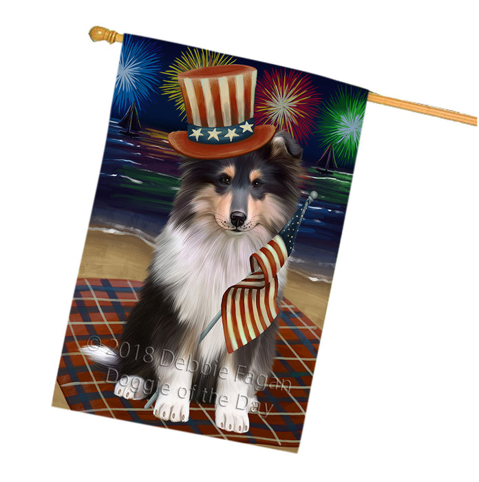 4th of July Independence Day Firework Rough Collie Dog House Flag FLG57649
