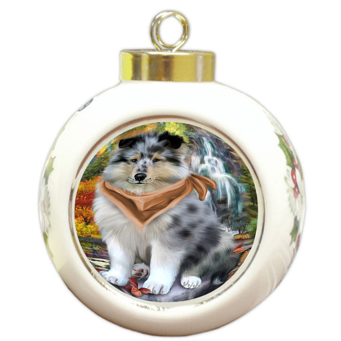 Scenic Waterfall Rough Collie Dog Round Ball Christmas Ornament RBPOR54806