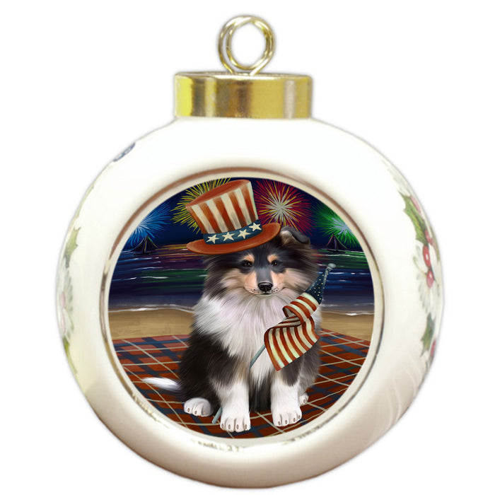 4th of July Independence Day Firework Rough Collie Dog Round Ball Christmas Ornament RBPOR57245