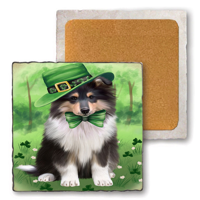 St. Patricks Day Irish Portrait Rough Collie Dog Set of 4 Natural Stone Marble Tile Coasters MCST52030