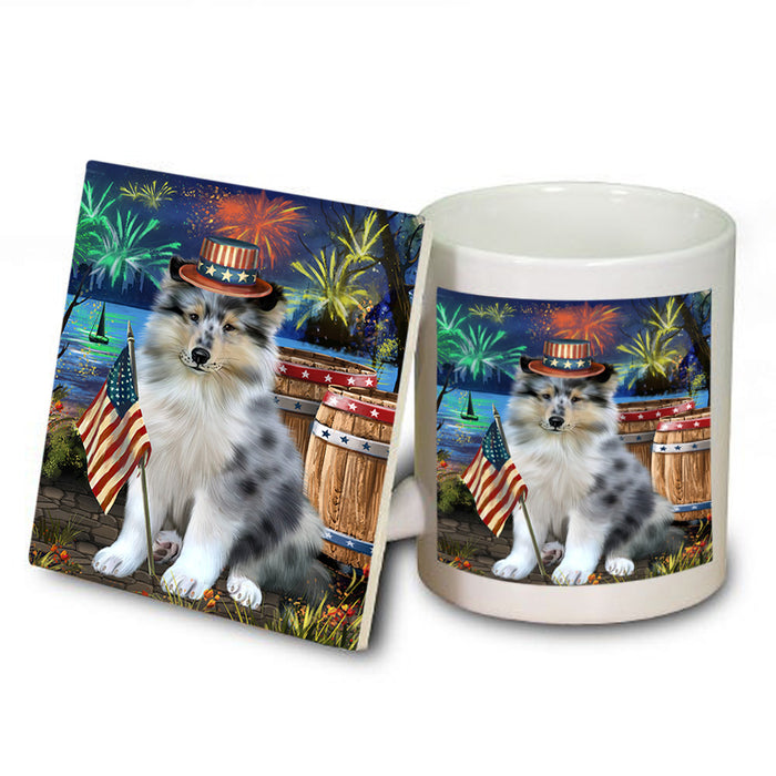 4th of July Independence Day Firework Rough Collie Dog Mug and Coaster Set MUC54056