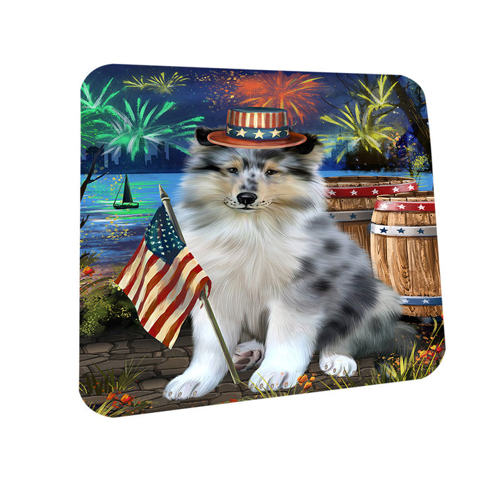 4th of July Independence Day Firework Rough Collie Dog Coasters Set of 4 CST54022