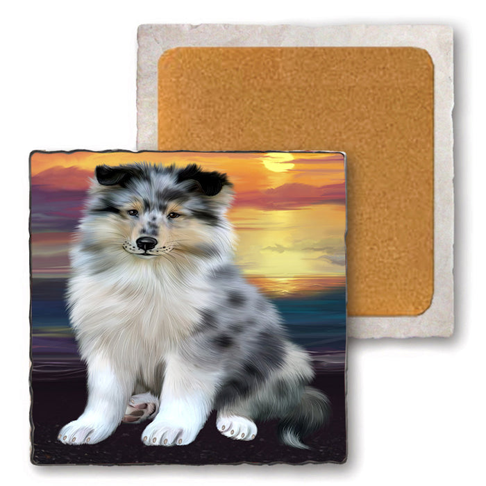 Rough Collie Dog Set of 4 Natural Stone Marble Tile Coasters MCST49625