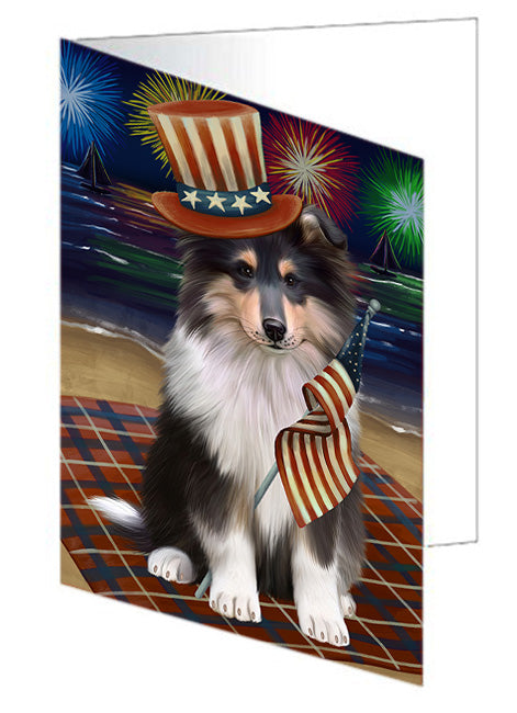 4th of July Independence Day Firework Rough Collie Dog Handmade Artwork Assorted Pets Greeting Cards and Note Cards with Envelopes for All Occasions and Holiday Seasons GCD76046