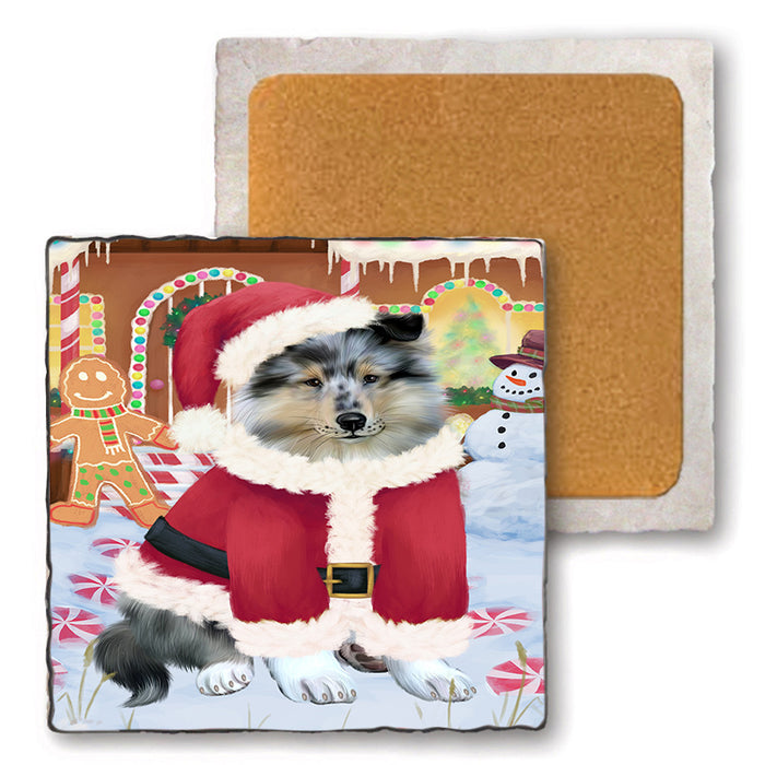 Christmas Gingerbread House Candyfest Rough Collie Dog Set of 4 Natural Stone Marble Tile Coasters MCST51518