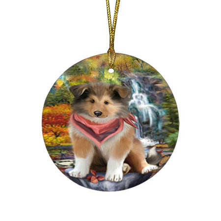 Scenic Waterfall Rough Collie Dog Round Flat Christmas Ornament RFPOR54798