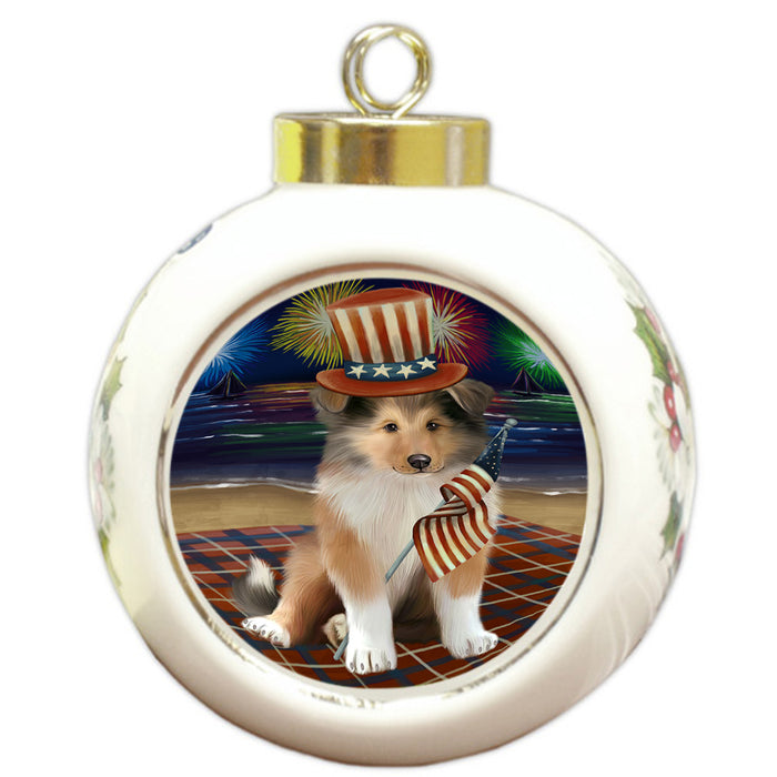 4th of July Independence Day Firework Rough Collie Dog Round Ball Christmas Ornament RBPOR57246